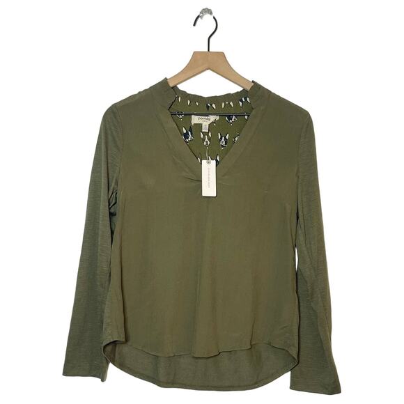 New Anthropologie Porridge Aiden Shirt Olive Green Size XS Frenchie Dog Detail - Picture 3 of 13